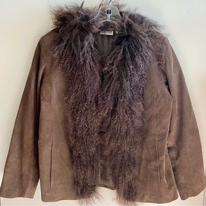 Vintage Chico’s Designs Chocolate Brown Leather Jacket with Mongolian Fur Trim